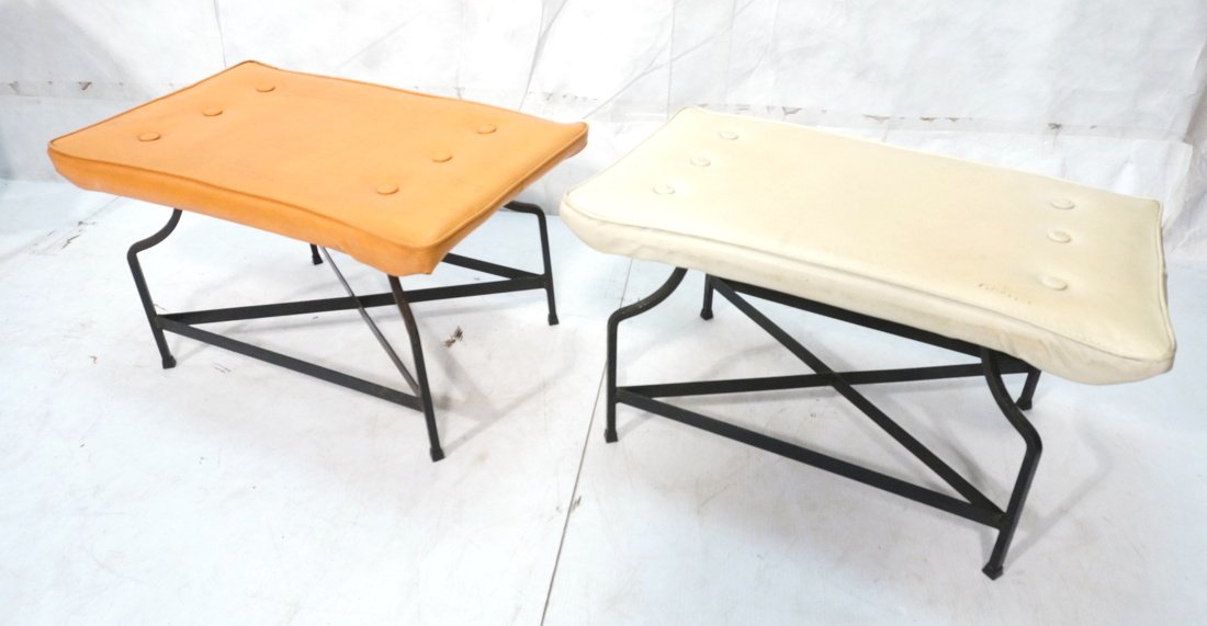 Pair Modernist Iron base Benches Stools. x base.: Pair Modernist Iron base Benches Stools. x base. Floating tops. Different upholstery.-- Dimensions: H: 15 inches: W: 27 inches: D: 17 inches ---