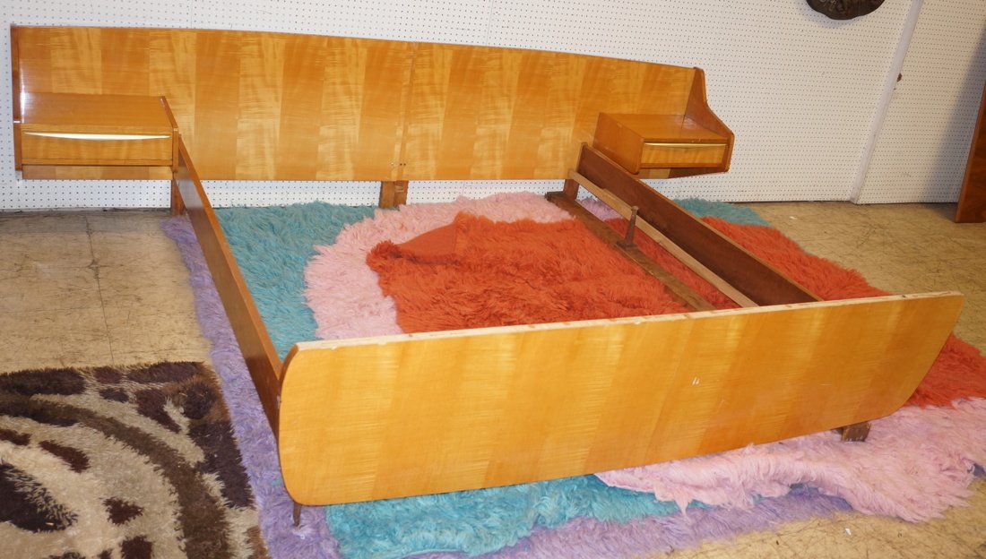Art Deco style queen size bed. Floating night sta: Art Deco style queen size bed. Floating night stands with gold tone metal handles. Footboard has 2 brass metal legs.-- Dimensions: H: 30 inches: W: 117 inches: D: 83 inches ---