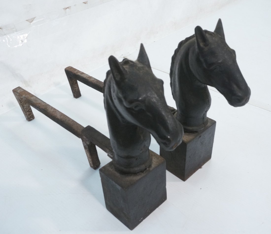 Pair Iron Horse Head Fireplace Andirons.: Pair Iron Horse Head Fireplace Andirons. -- Dimensions: H: 15 inches: W: 4.5 inches: D: 24 inches ---