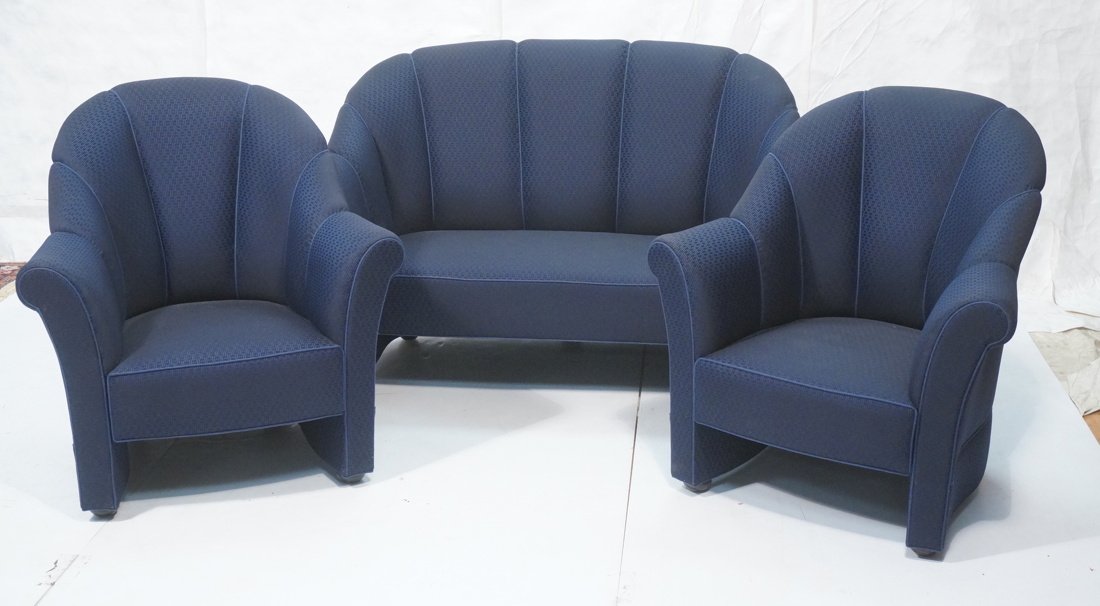 3 piece Hoffmann made by Wittmann Austria. Living: 3 piece Hoffmann made by Wittmann Austria. Living room set. 1 love seat, 2 chairs. Black wood bun feet.-- Dimensions: H: 36 inches: W: 61 inches: D: 32 inches ---