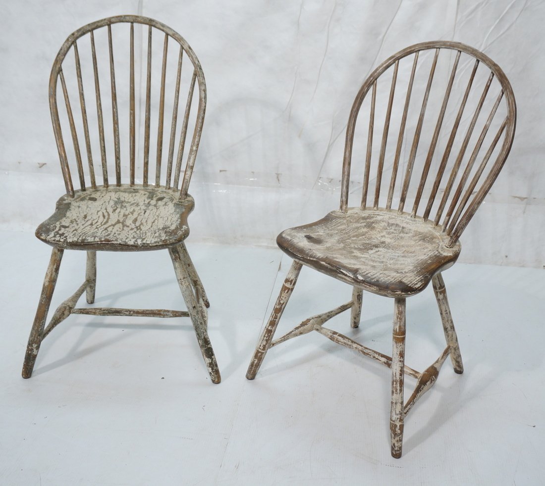 Pair Antique Windsor oak side chairs. Distressed: Pair Antique Windsor oak side chairs. Distressed white paint.-- Dimensions: H: 34 inches: W: 18 inches: D: 22 inches ---