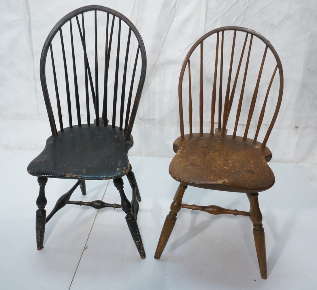 2 antique Windsor chairs. Made of oak. 1 painted: 2 antique Windsor chairs. Made of oak. 1 painted black.-- Dimensions: H: 38.5 inches: W: 18 inches: D: 22 inches ---