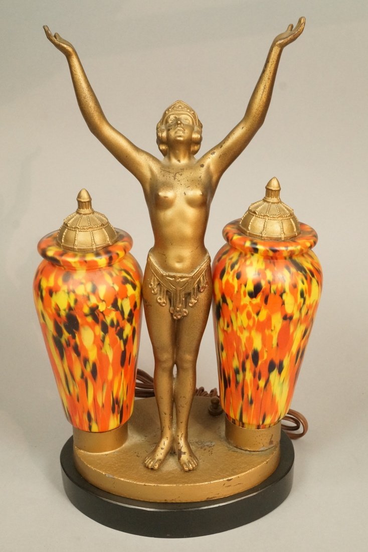 Art Deco table lamp, figural nude figure with 2 e: Art Deco table lamp, figural nude figure with 2 end of the day glass globes. Gold painted.-- Dimensions: H: 16 inches: W: 9 inches: D: 6.5 inches --- US Shipping charge: $50