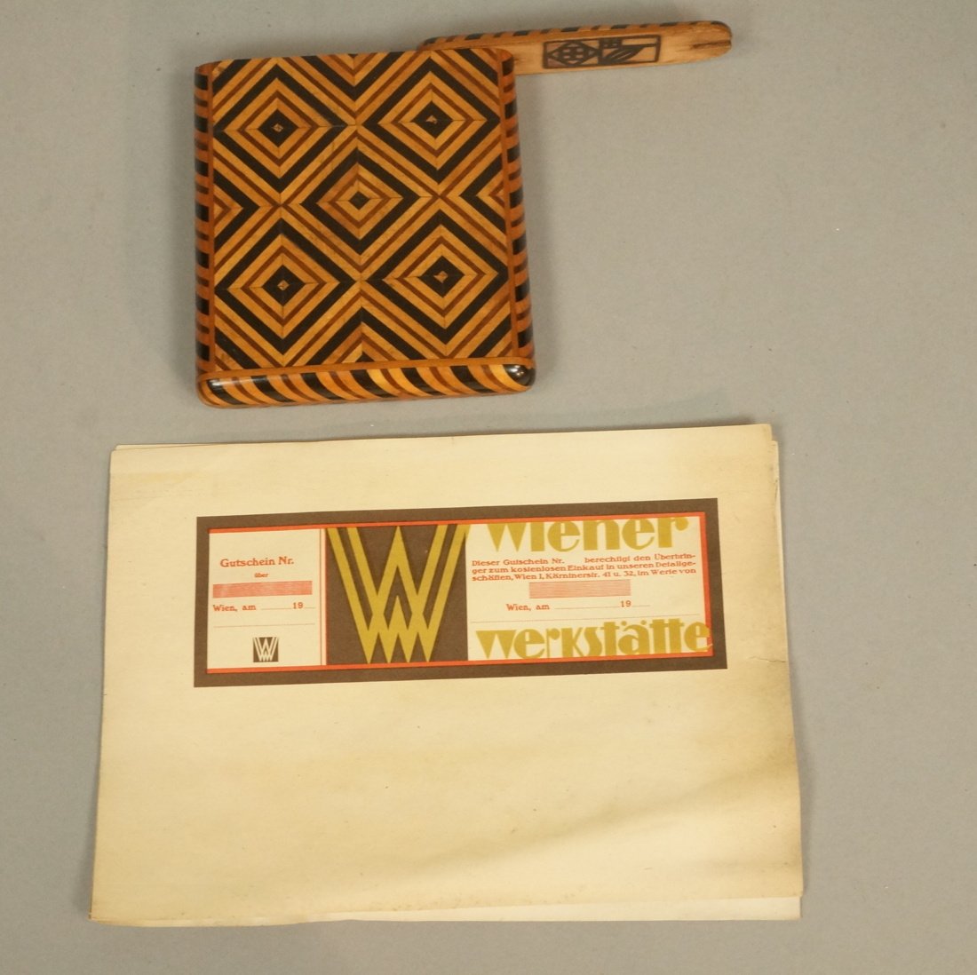 Wiener Werkstatte lot. Inlayed carpentry cigarett: Wiener Werkstatte lot. Inlayed carpentry cigarette box with rose mark. 4 pieces of Werkstatte paper work. -- Dimensions: H: 5 inches: W: 4.25 inches: D: 1 inches --- US Shipping charge: $20