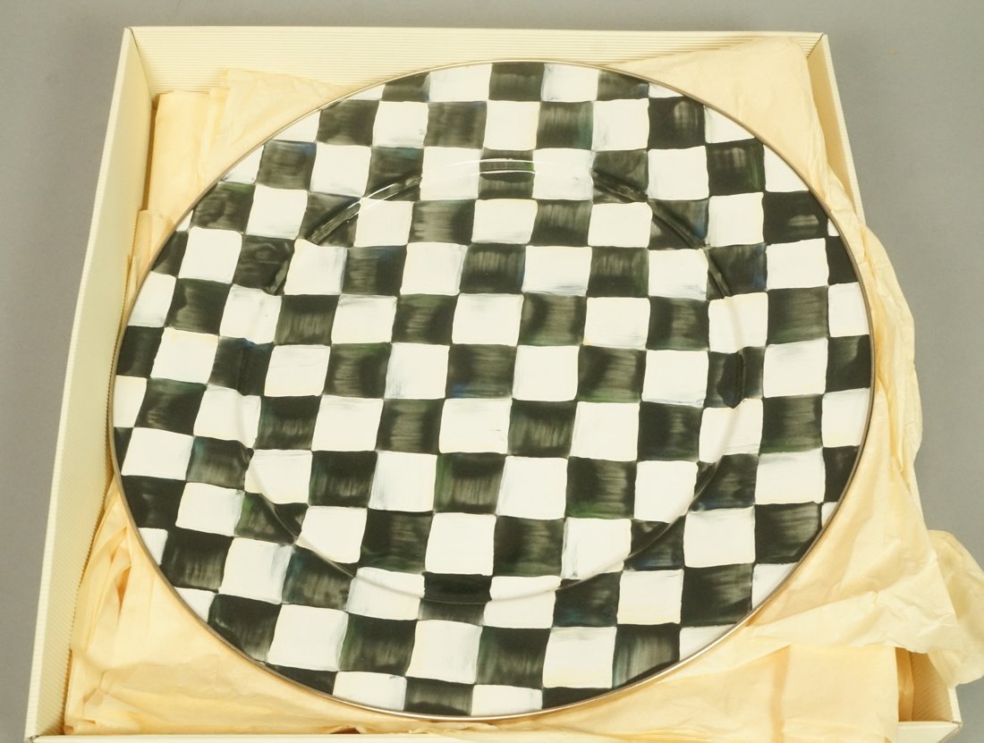 Mackenzie Childs enamel decorated charger. Black: Mackenzie Childs enamel decorated charger. Black and white squares in original box.-- Dimensions: H: 16 inches --- US Shipping charge: $20