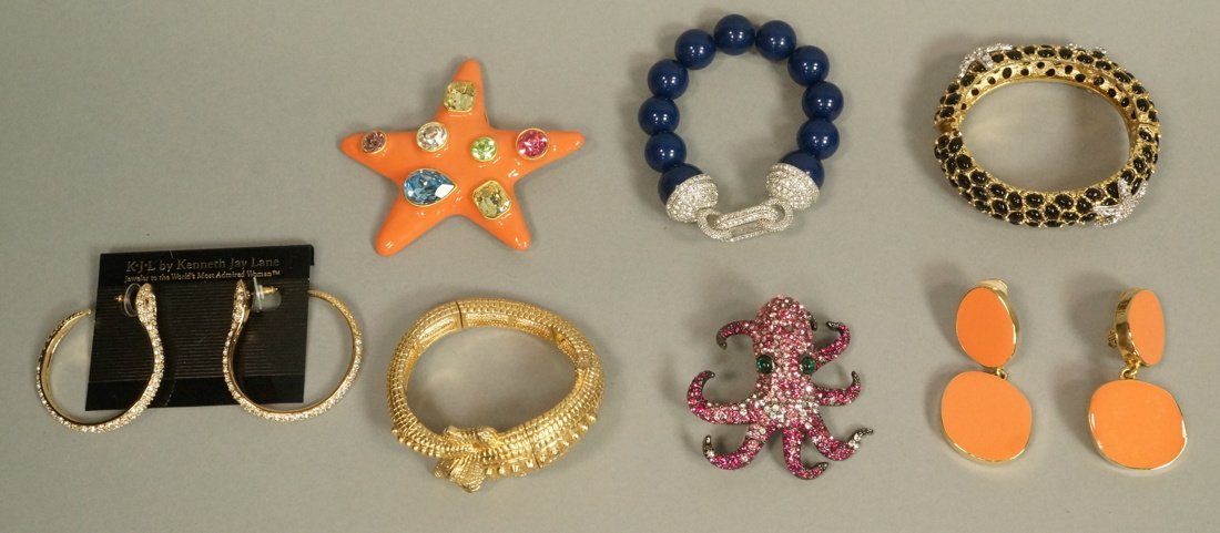 9pc KJL & KENNETH LANE Costume Jewelry. 1) Coral: 9pc KJL & KENNETH LANE Costume Jewelry. 1) Coral enamel starfish pin with colored crystal accents. 2) Pr coral enamel two part earrings. 3) KJL Colored RS Octopus Brooch. 4) Kenneth Lane Black cabocho