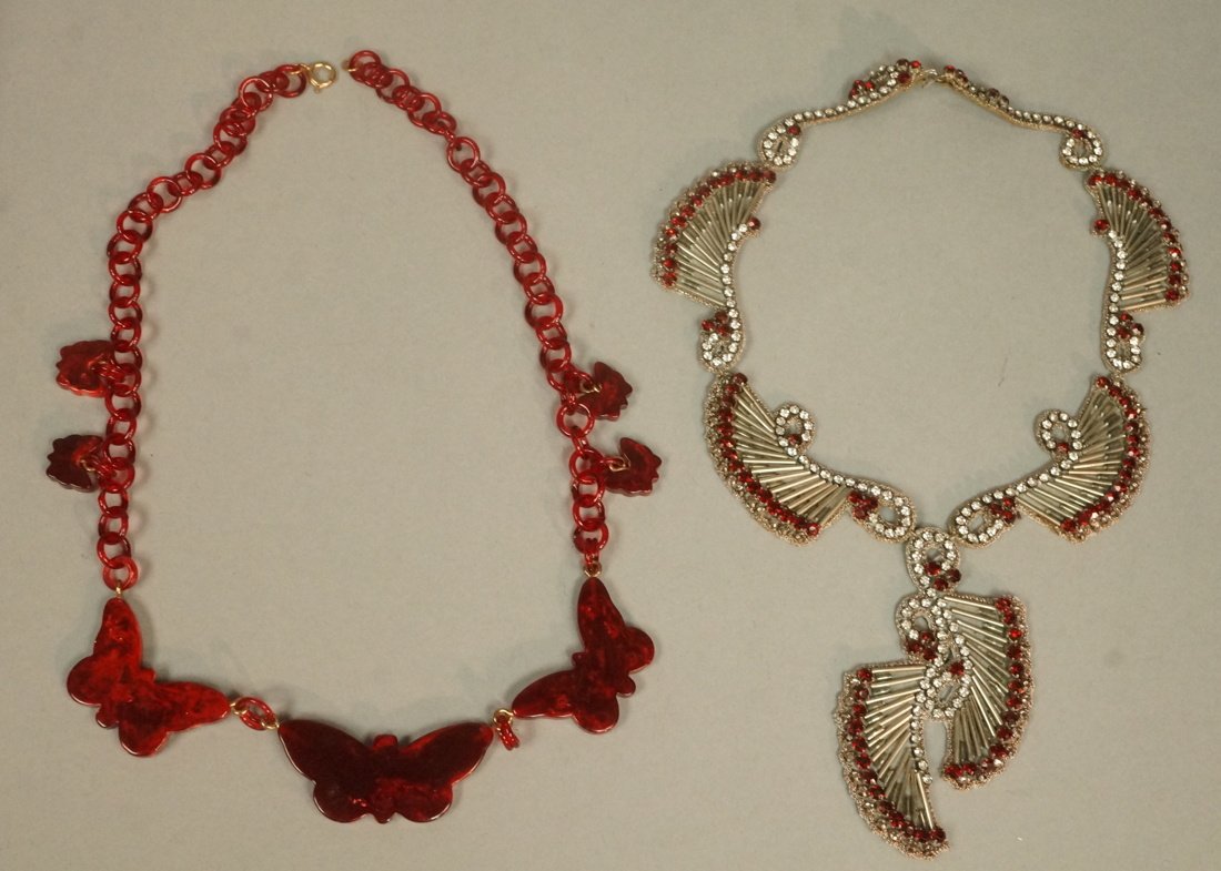 Lot Two Vintage Necklaces. 1) Silver bugle beads: Lot Two Vintage Necklaces. 1) Silver bugle beads with red stone accents. Leather back. 2) Red Bakelite butterfly charm necklace. -- Dimensions: : L: 23 inches --- US Shipping charge: $9