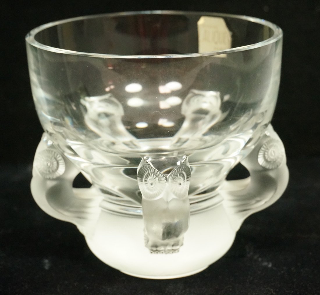 LALIQUE France Crystal Owl Bowl Vase. Clear bowl: LALIQUE France Crystal Owl Bowl Vase. Clear bowl with five frosted crystal owl buttresses. Signed. Foil label-- Dimensions: H: 5.25 inches: W: 6 inches: D: 6 inches --- US Shipping charge: $35