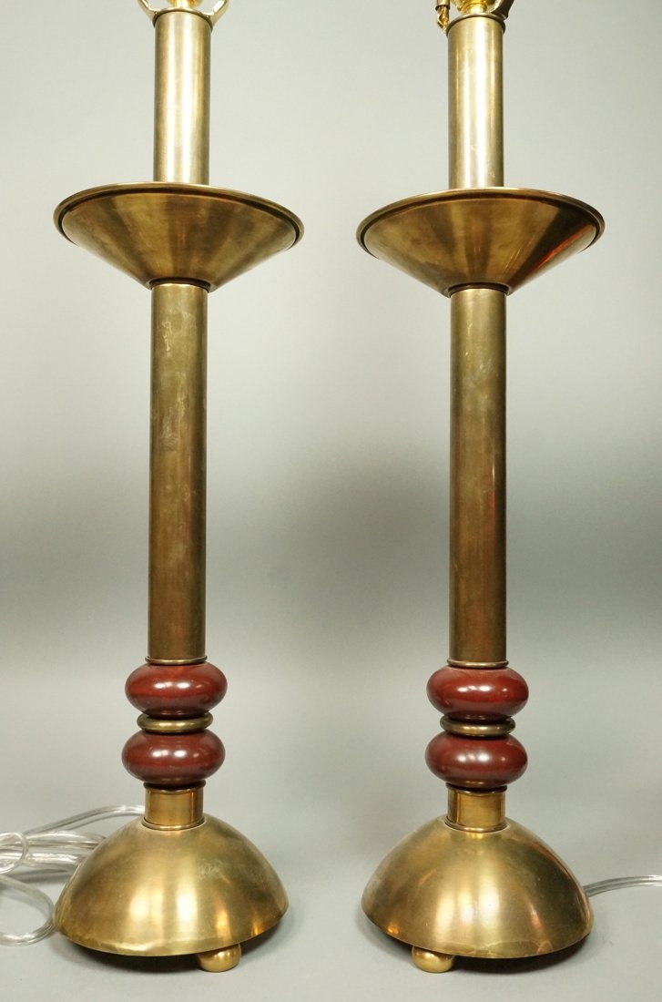 Pair Art Deco Style Table Lamps.  Brass and wood. (1 of 8)