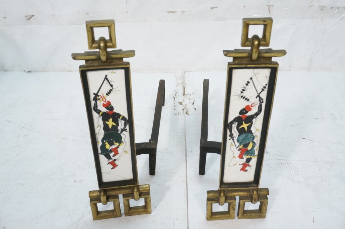 Pair Decorative Brass Andirons with Hand painted (1 of 6)