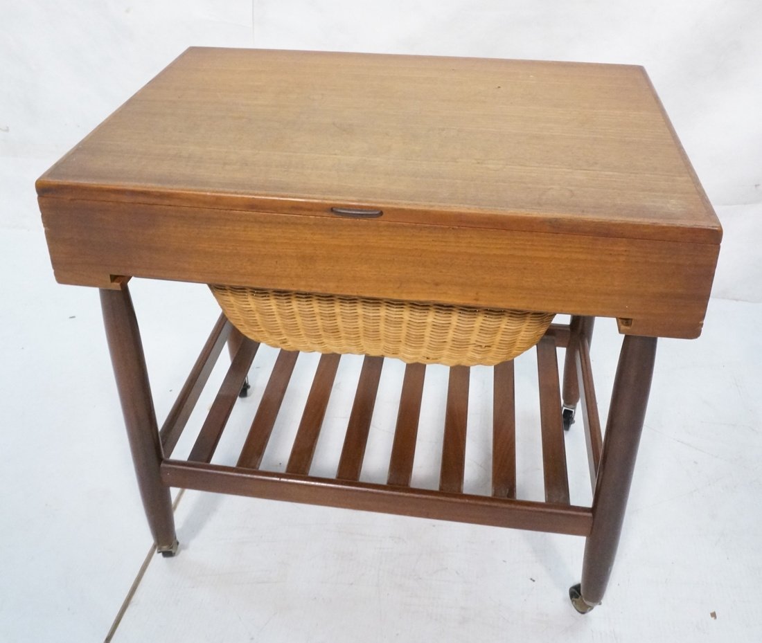 Modernist Rolling Sewing Cart Cabinet. Woven Bask: Modernist Rolling Sewing Cart Cabinet. Woven Basket. Lift up top. Slatted lower level-- Dimensions: H: 22.5 inches: W: 23 inches: D: 15.75 inches ---