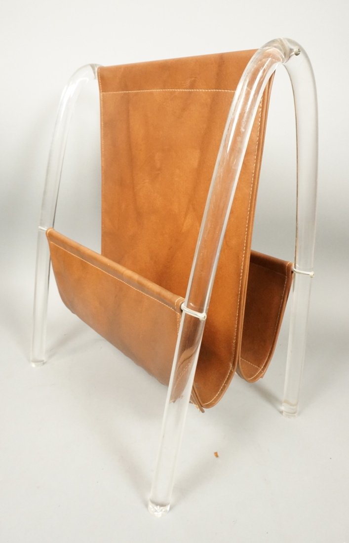 Lucite Arched Sides Brown Vinyl Magazine Rack.: Lucite Arched Sides Brown Vinyl Magazine Rack. -- Dimensions: H: 21 inches: W: 16 inches: D: 12 inches ---