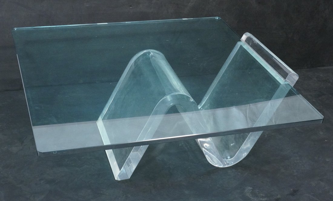 Thick Lucite Table Base with Glass Coffee Table. (1 of 6)