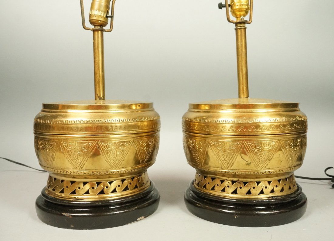 Pair Oriental Style Brass Table Lamps.  Drum Form (1 of 8)