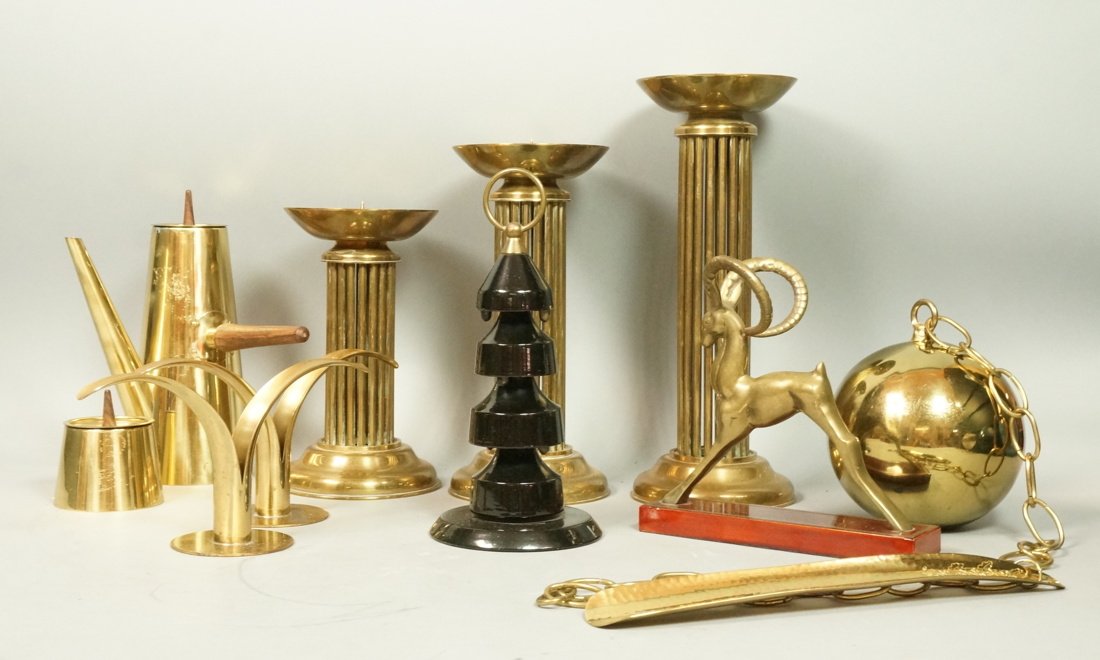 10pc Brass Table Top Lot. 1) 3 piece tall brass r (1 of 8)