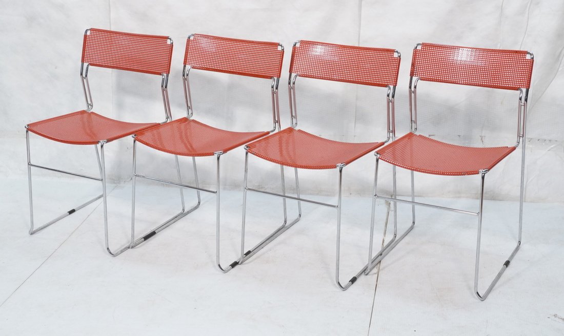 Set 4 Red Mesh Chrome Rod Stacking Side Chairs. S (1 of 10)