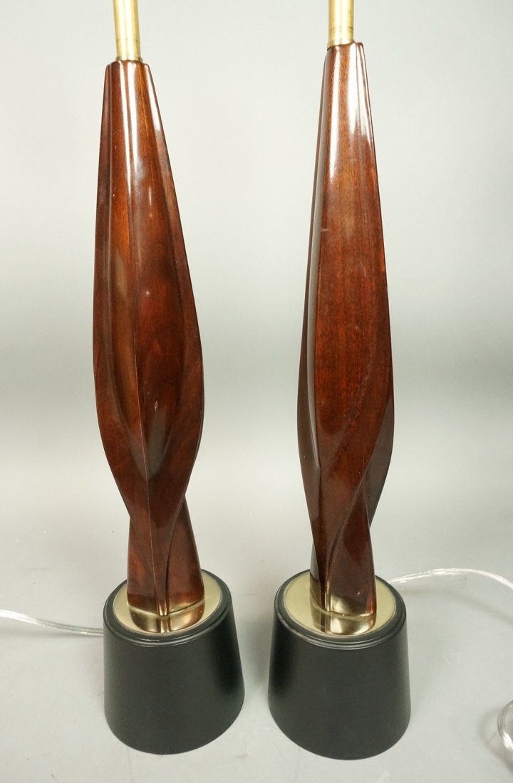 Pr LAUREL Carved Walnut Table Lamps. Black metal (1 of 7)