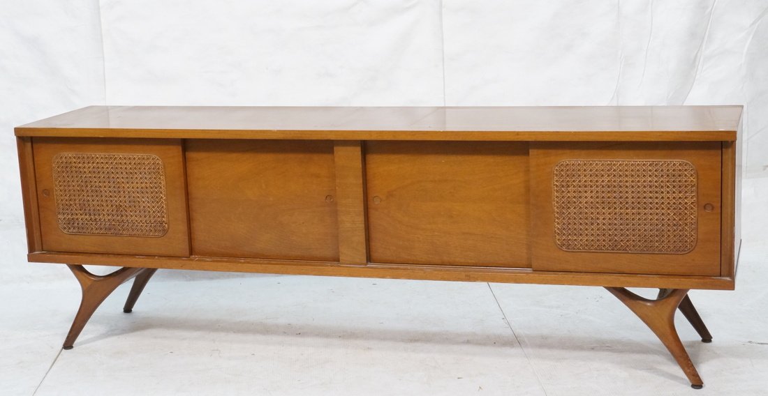 American Modern Low Credenza with 4 Sliding Doors: American Modern Low Credenza with 4 Sliding Doors. Pearsall Style Legs.-- Dimensions: H: 24.25 inches: W: 72 inches: D: 16 inches ---