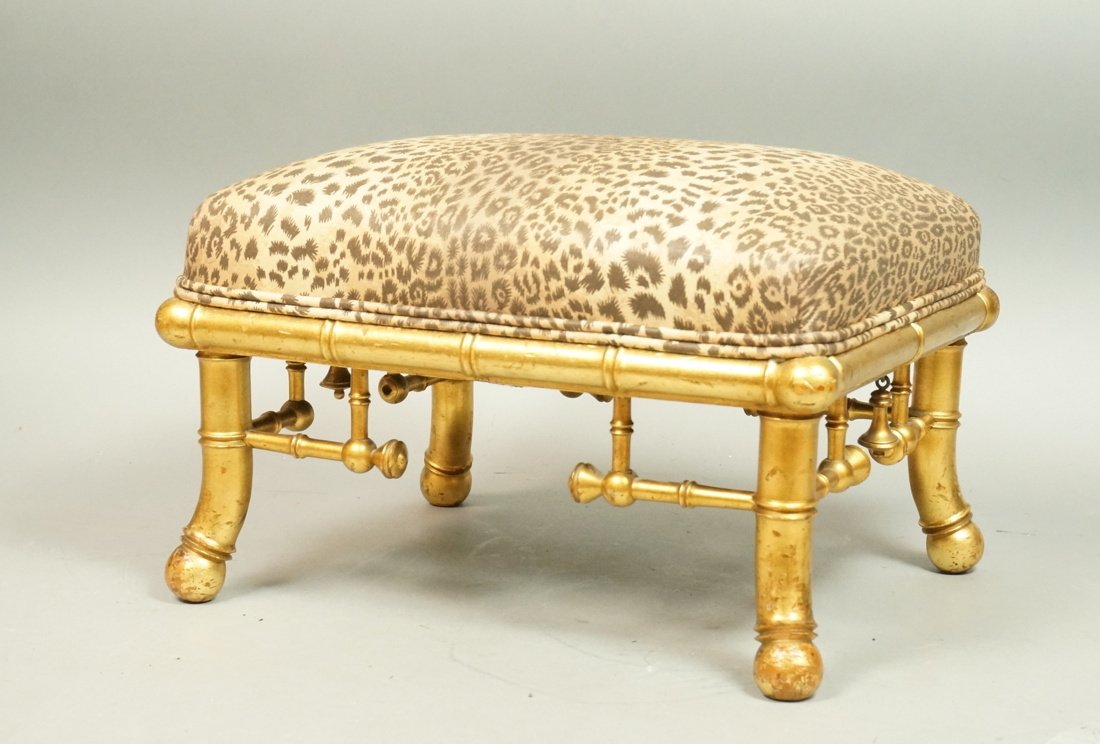 Victorian Gilt Wood Faux Bamboo Footstool. Leopar (1 of 6)