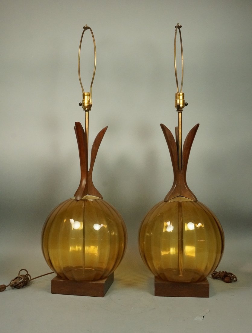 Pr Gold Amber Glass Sphere & Walnut Table Lamps. (1 of 8)