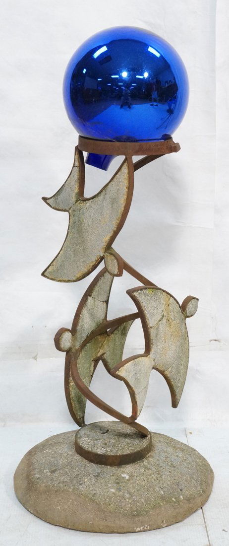 Cement and iron bird bath pedestal with bird desi (1 of 5)