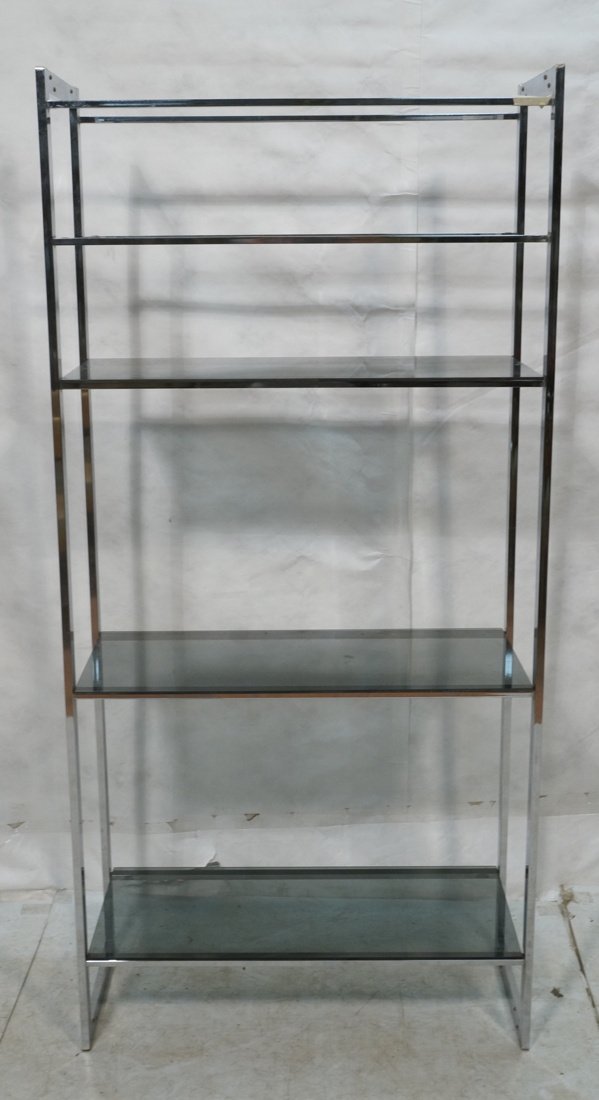 Milo Baughman Etagere with smoked glass shelves.: Milo Baughman Etagere with smoked glass shelves. -- Dimensions: H: 74 inches: W: 35.5 inches: D: 16 inches ---
