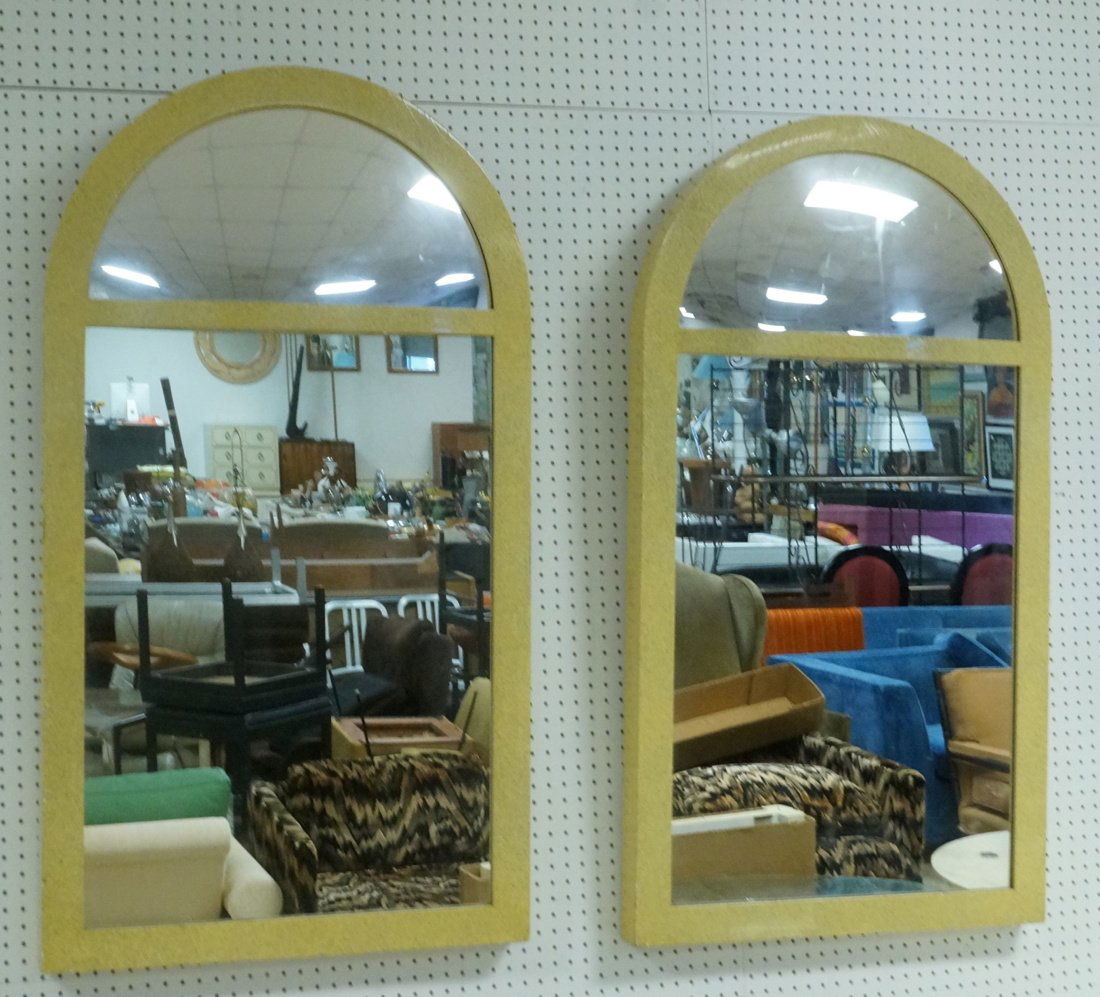 Pair of CARL SPRINGER style architectural arch mi: Pair of CARL SPRINGER style architectural arch mirrors. top arch has convex mirrored piece of plastic. Speckled paint design. -- Dimensions: H: 52 inches: W: 29 inches: D: 3 inches ---