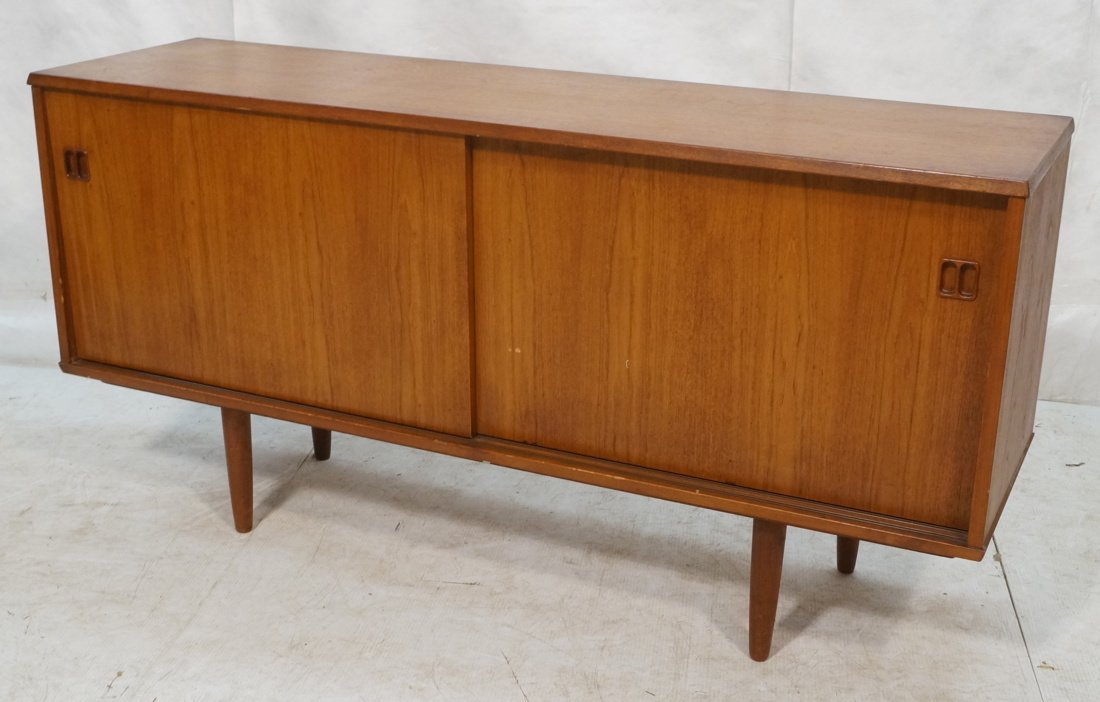 Danish Modern Teak Sideboard Credenza with Slidin: Danish Modern Teak Sideboard Credenza with Sliding Doors. Wood handles.-- Dimensions: H: 29.75 inches: W: 59 inches: D: 16.5 inches ---