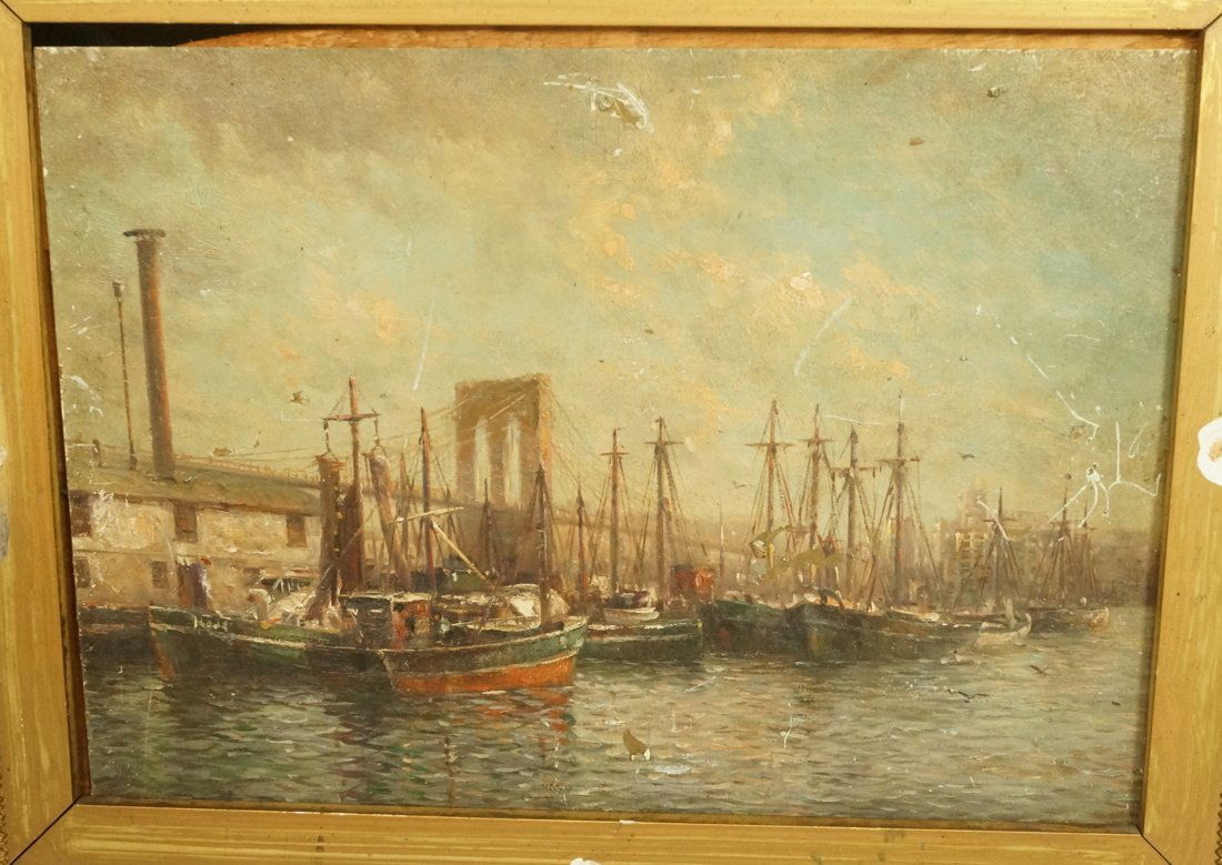 Antique Oil Painting on Metal Panel.  Harbor Scen (1 of 7)