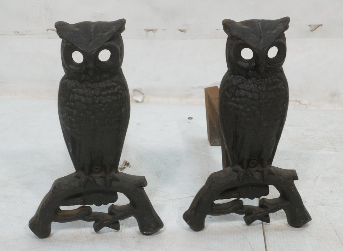 Pair Iron Owl Form Andirons.  Black finish. (1 of 4)