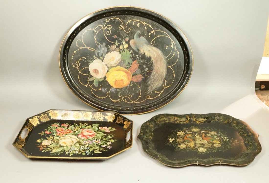 3pcs Toleware Painted Trays.    Paint decorated. (1 of 4)