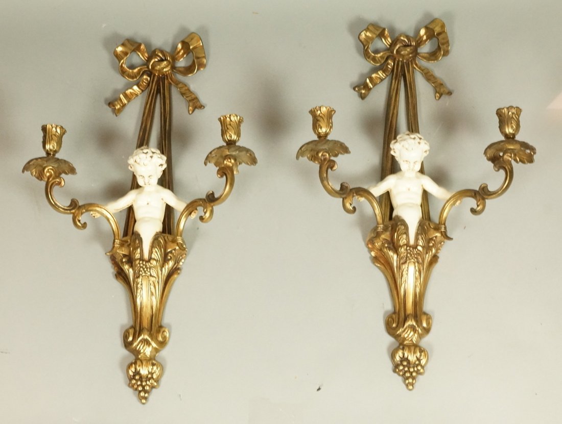 Pair Cherub Sconces.  2 arms with ribbon design. (1 of 9)
