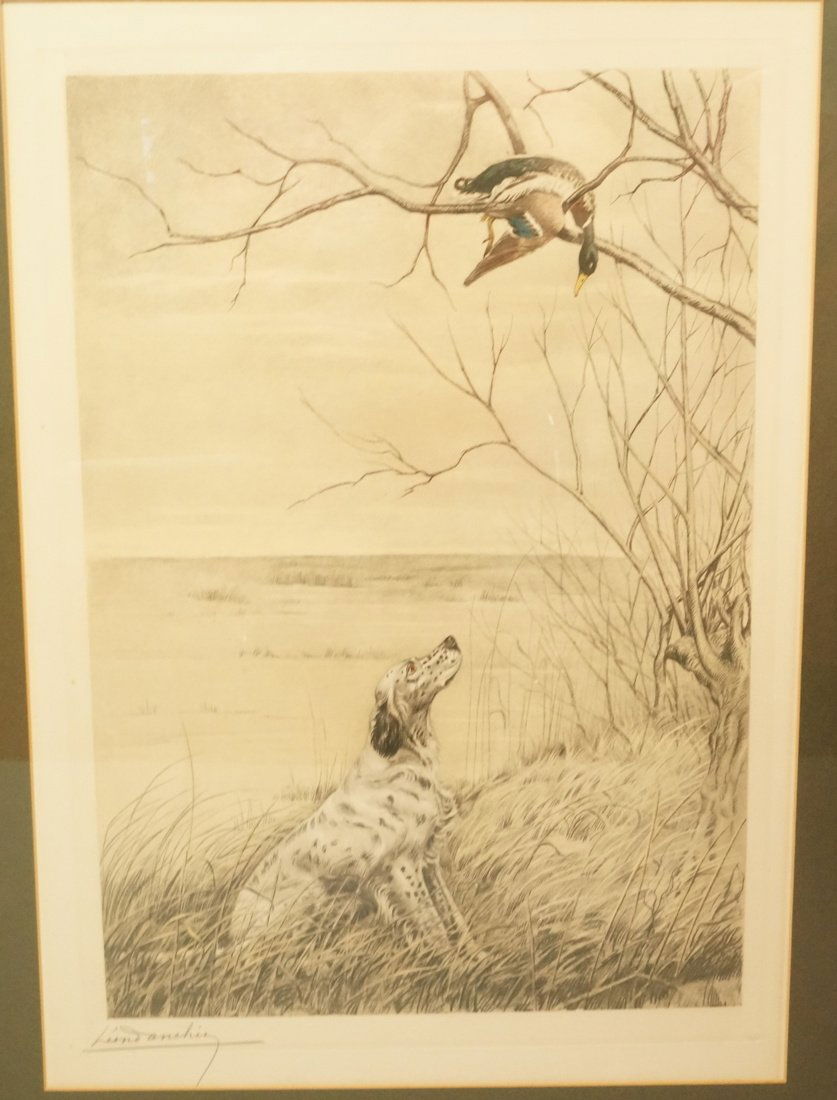 Leon Danchin Lithograph Print of Hunting Dog with (1 of 5)