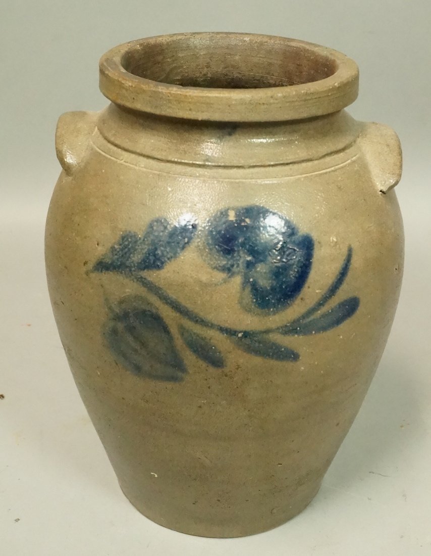 Stoneware Crock with 2 handles. Blue floral decor (1 of 6)