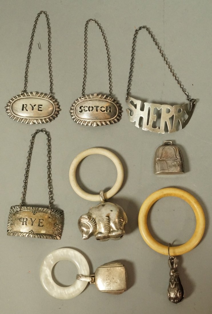 8 pcs Sterling Lot.  Baby Rattles and Liquor Labe (1 of 8)