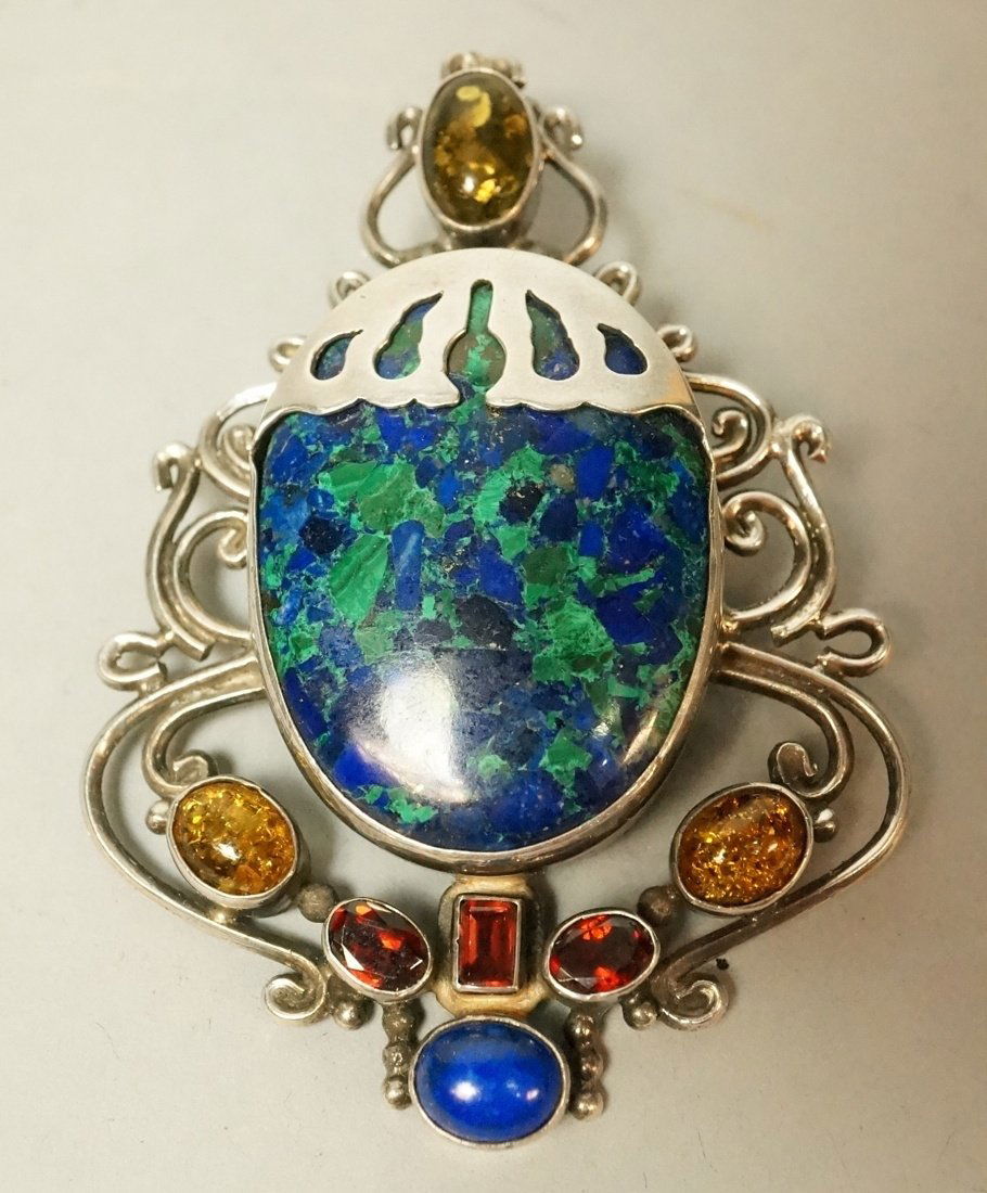 Mexican Sterling pendant pin with turquoise, yell (1 of 6)