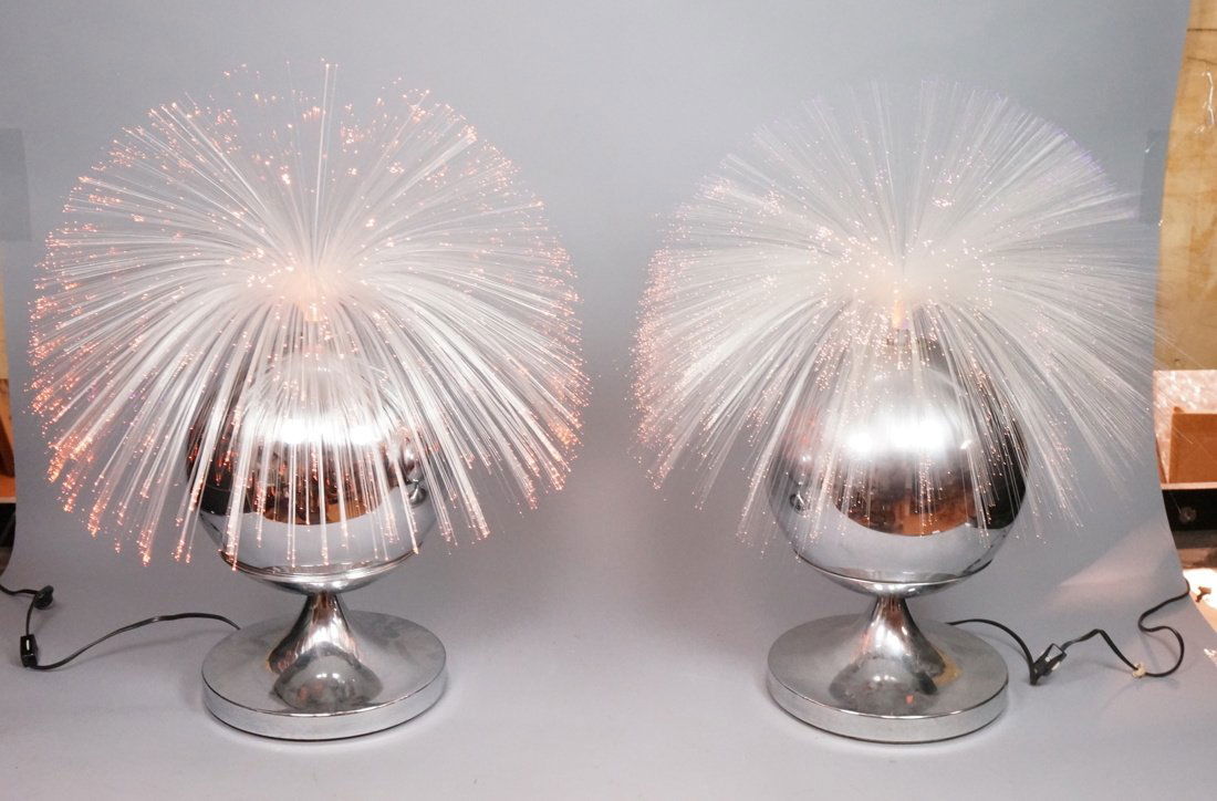Pr Fiber Optic & Chrome Ball Table Lamps. 70's Mo