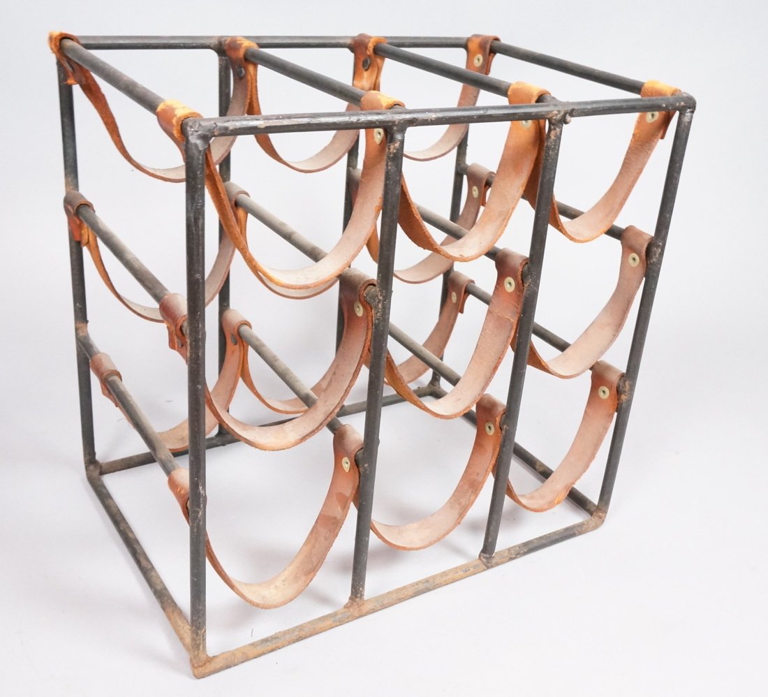 ARTHUR UMANOFF Black Iron And Leather Wine Rack.: ARTHUR UMANOFF Black Iron And Leather Wine Rack. -- Dimensions: H: 13.75 inches: W: 14 inches: D: 10 inches ---