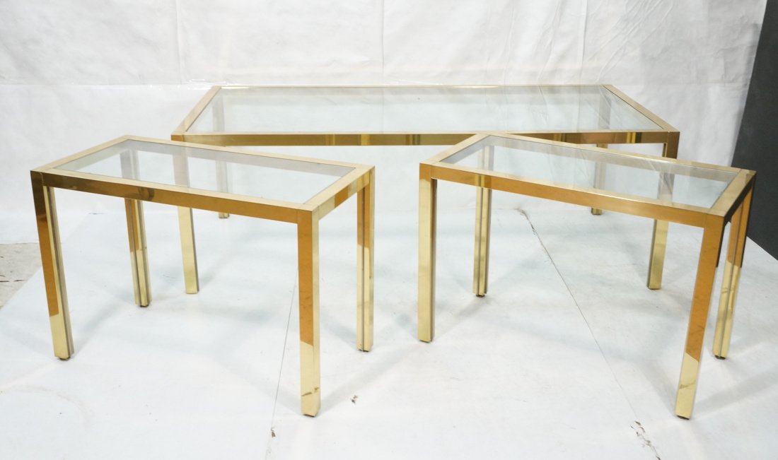 3pc Brass & Glass Dining & Side Tables. Square Br (1 of 6)