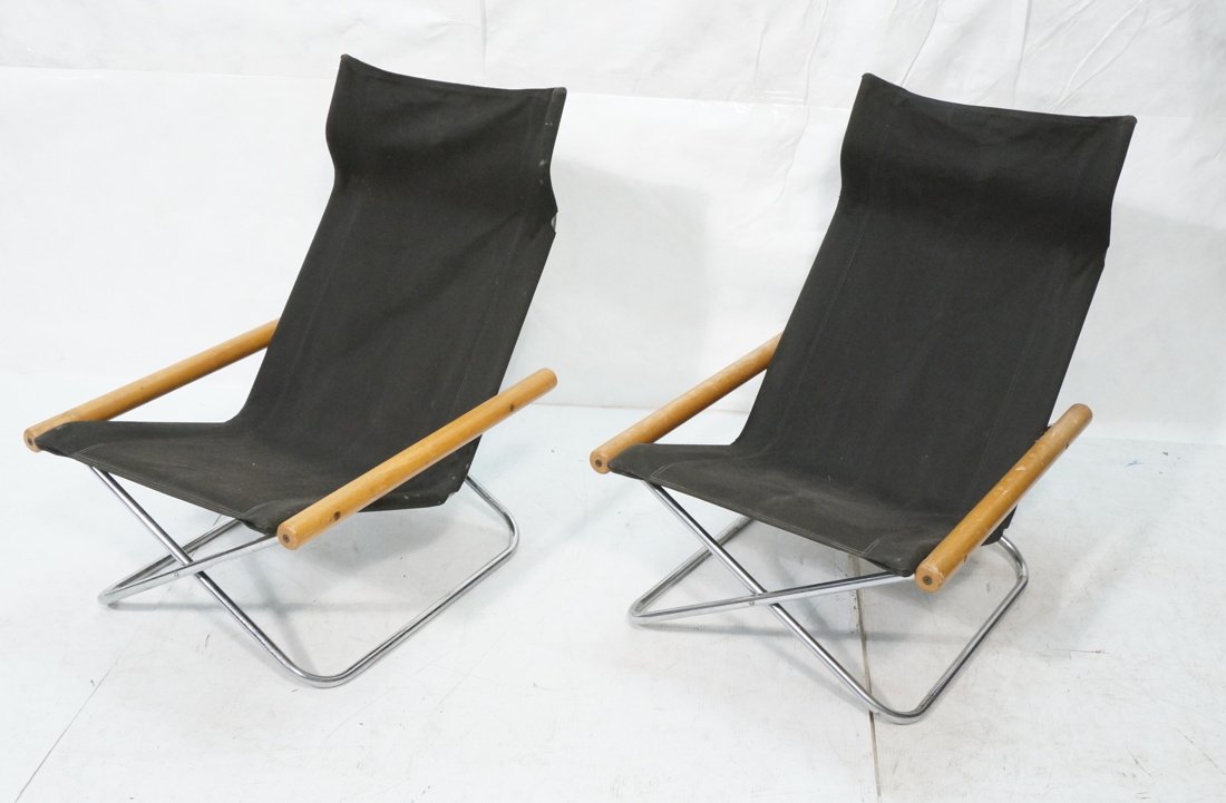 Pair Folding Lounge Chairs Canvas Wood and Chrome (1 of 8)