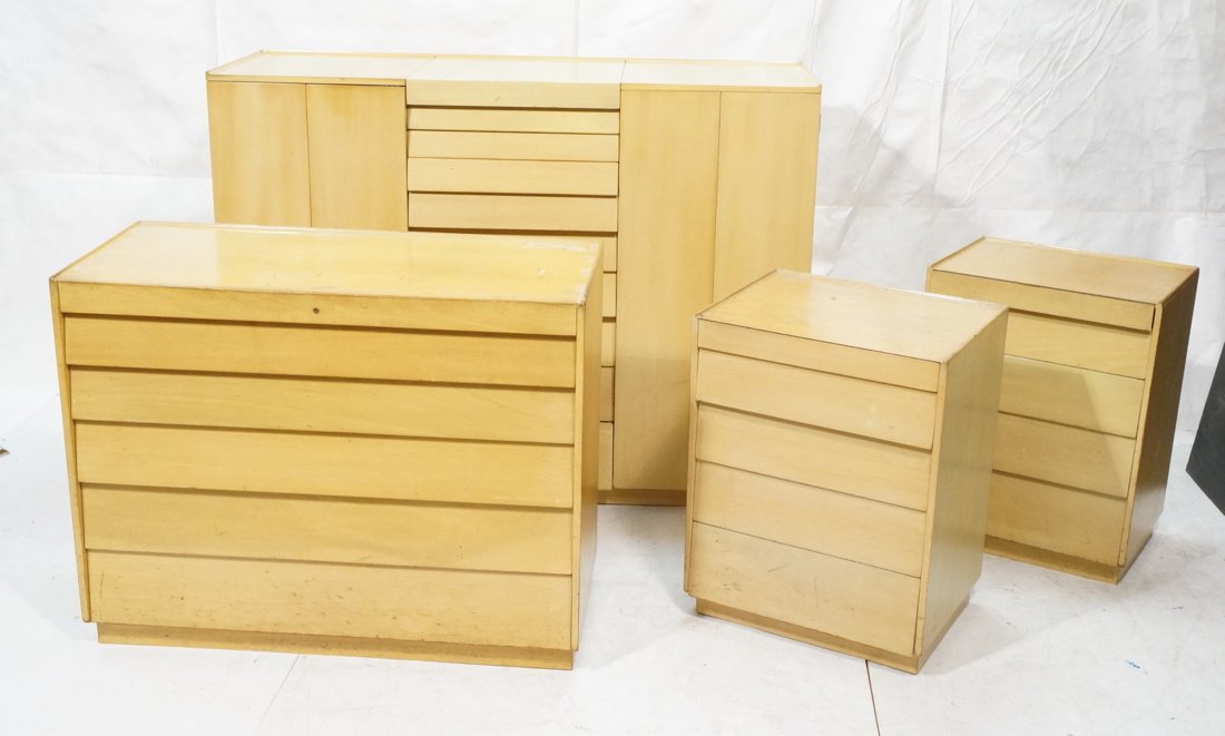 4pc DUNBAR Bedroom Suite Set. American Modern Blo: 4pc DUNBAR Bedroom Suite Set. American Modern Blond Wood with Louver Front Design. Wardrobe with lift up top. Two Night Stands. Dresser Chest of Drawers. -- Dimensions: H: 45.5 inches: W: 60 inches: D