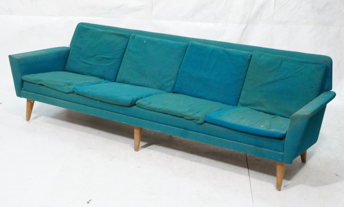 DUX Swedish Modern Sofa Couch with Teak Legs. Tur: DUX Swedish Modern Sofa Couch with Teak Legs. Turquoise fabric upholstery. Label. -- Dimensions: H: 28 inches: W: 95 inches: D: 29.5 inches ---