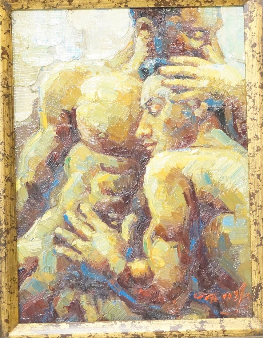 ROYO LIU CINESE OIl Painting Canvas. Two Men Embr (1 of 10)