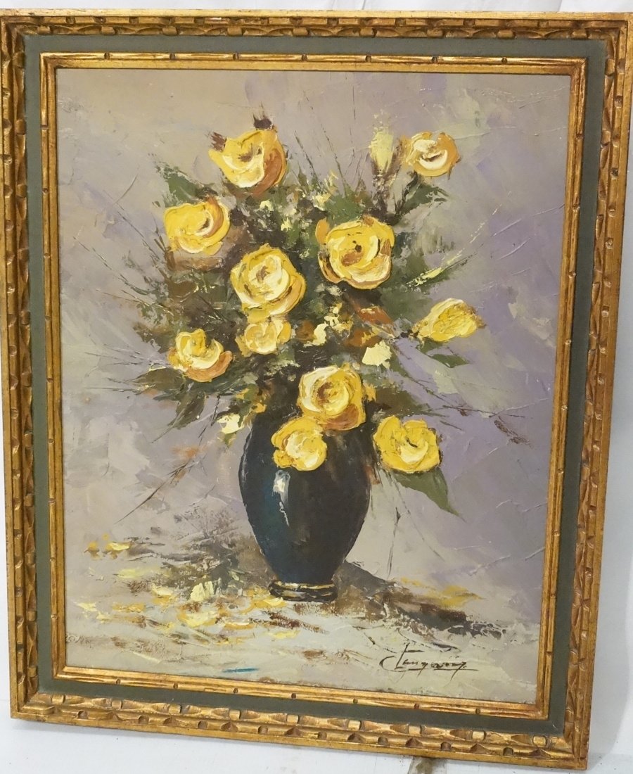 Claude Langedin Montreal '69 Oil Floral Still Lif: Claude Langedin Montreal '69 Oil Floral Still Life. Yellow flowers in black vase. Signed. Period frame-- Dimensions: Image Size: H: 29.5 inches: W: 23.5 inches ---