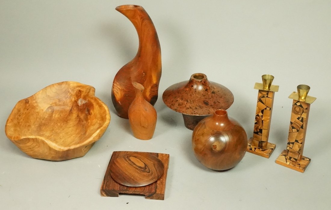 8pc Assorted Wood Items Lot. Vases. Bowls. Candle (1 of 10)