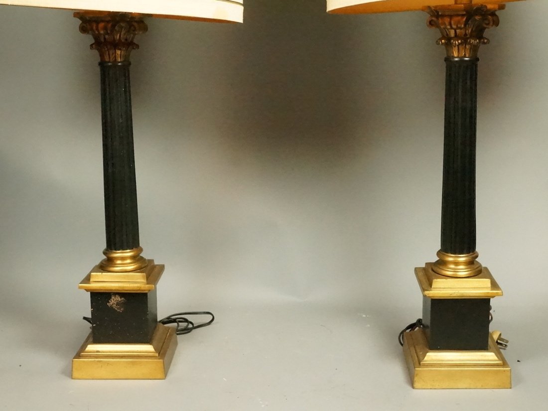Pr Classical Column Metal Table Lamps. Black flut: Pr Classical Column Metal Table Lamps. Black fluted columns with gold capitals and trim. Frederick Cooper-- Dimensions: H: 40.5 inches ---