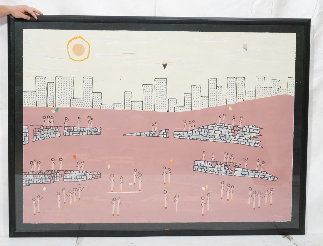 OMAR MAU Signed Painting on Paper. Cityscape with: OMAR MAU Signed Painting on Paper. Cityscape with stick people. -- Dimensions: Image Size: H: 44.5 inches: W: 61.5 inches ---
