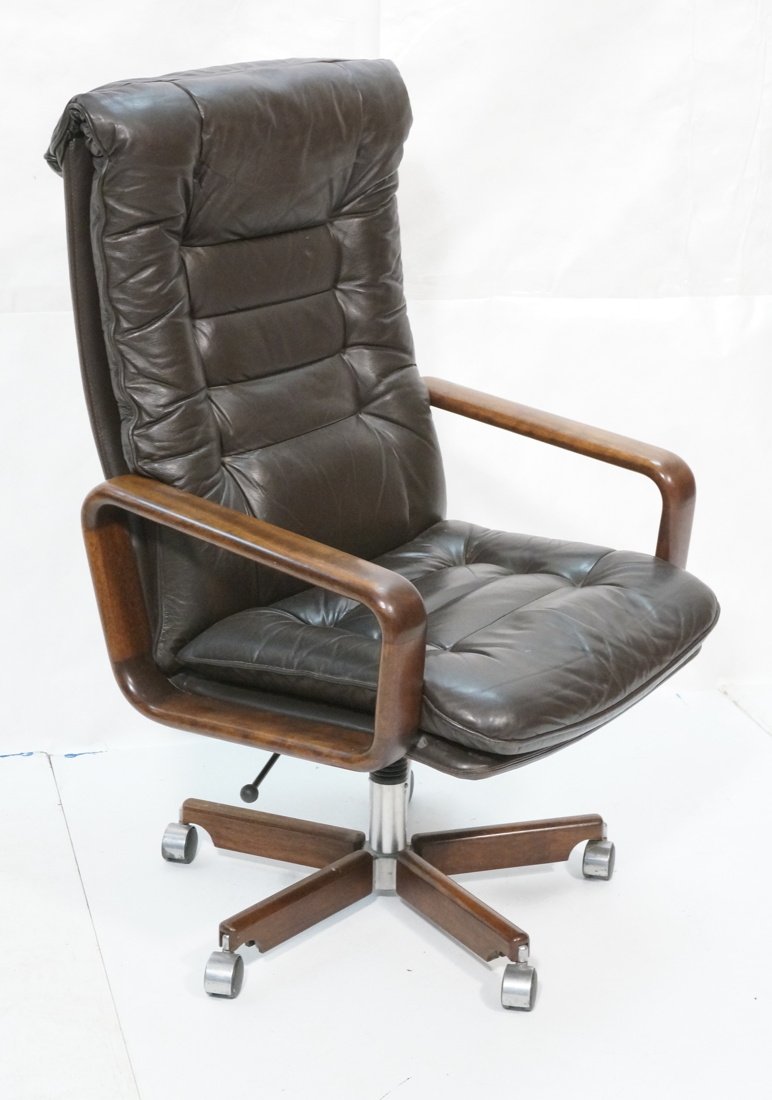 DYRLUND Leather Office Chair with wood Arms: DYRLUND Leather Office Chair with wood Arms-- Dimensions: H: 47 inches: W: 29 inches: D: 26 inches ---