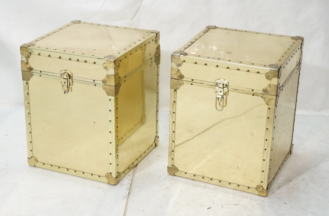 Pr Brass Tone Trunks Chests. Riveted edges. 3 key: Pr Brass Tone Trunks Chests. Riveted edges. 3 keys-- Dimensions: H: 20.25 inches: W: 16 inches: D: 16 inches ---