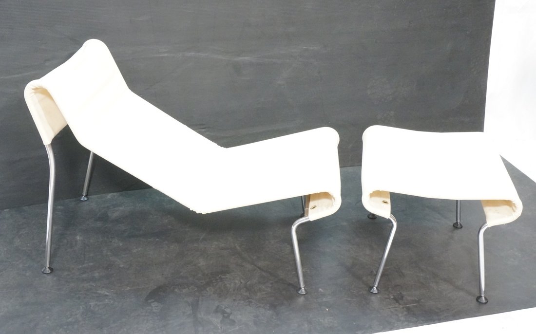 Modernist Chrome Canvas Lounge Chair & Ottoman. B: Modernist Chrome Canvas Lounge Chair & Ottoman. Beige canvas sling form seat. Not labeled. -- Dimensions: H: 28.5 inches: W: 20.5 inches: D: 42 inches ---